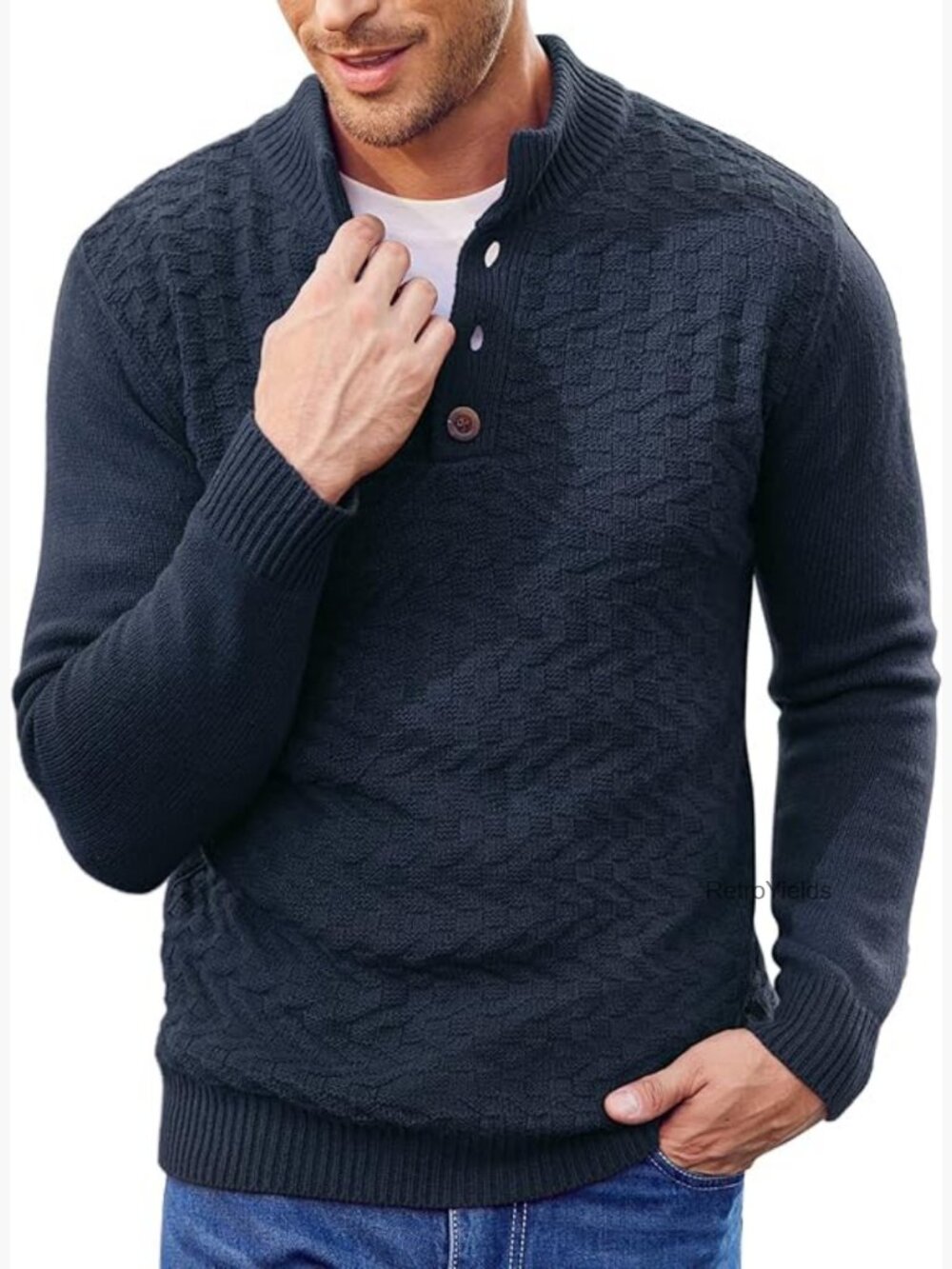 Men's Mock Neck Cable Knit Sweater Pullover with Button Henley Neck